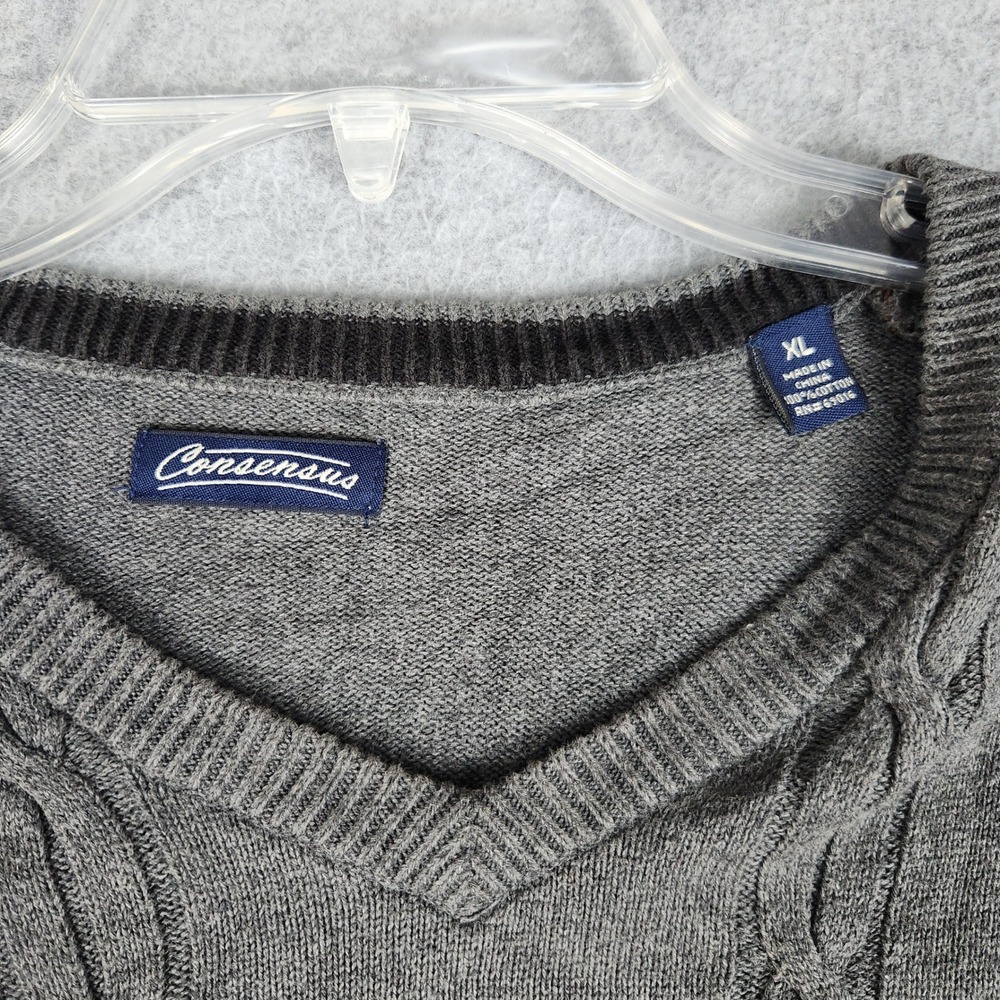 Consensus Sweater Mens XL Gray Cable Knit Long Sleeve Casual V-Neck Pullover - Picture 2 of 8